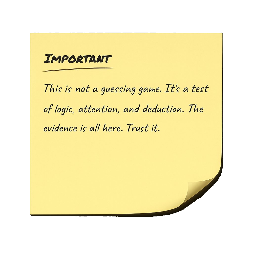 A yellow post-it note with a curled corner. It reads: Important. This is not a guessing game. It's a test of logic, attention, and deduction. The evidence is all here. Trust it.